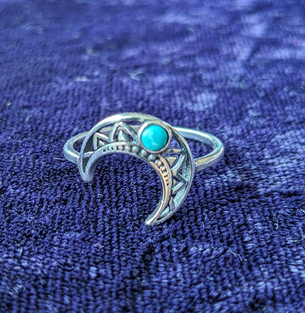 Vintage 925 Sterling Silver Crescent Moon Ring With Blue Turquoise